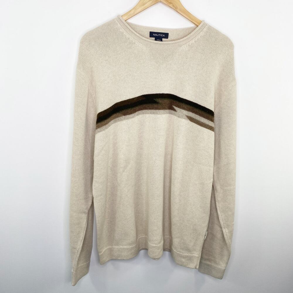 Vintage Y2K Cream Striped Knit Sweater‎ Mens L Grandpa Core Skater